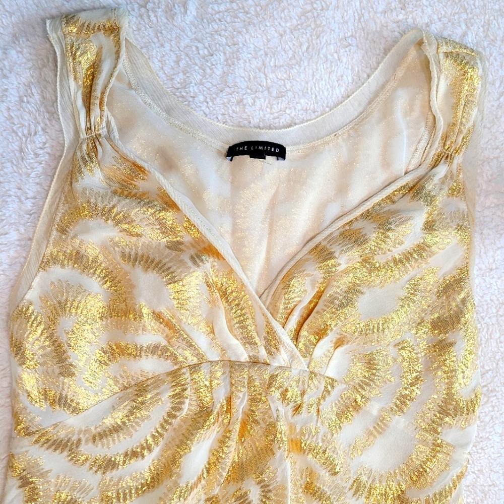 Cream and Metallic Gold Layered Chiffon Blouse - S